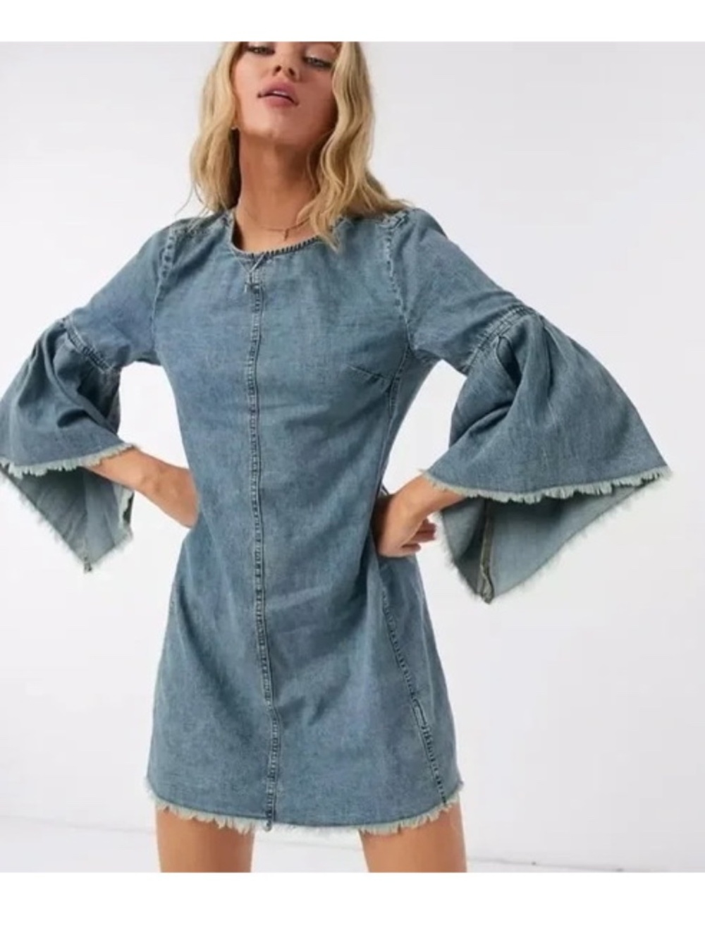 Free People Denim Fringed Raw Hem Flare Backless Dress - Picture 5 of 16